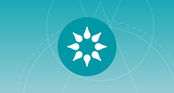 A teal image with intersecting circular outlines. In the center is a dark teal circle containing an abstract image of a lotus flower.