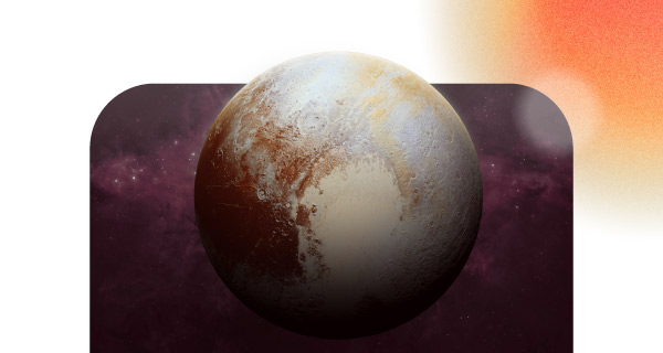 The planet Pluto over a reddish-purple galaxy.