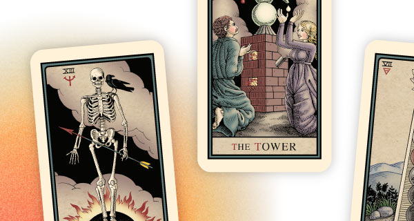 Three cards over an orange-to-white gradient background. The center card is the Tower, while the other two are cut off.